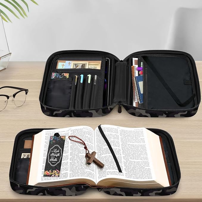 Camo Black and Grey Camouflage Bible Cover Case Carrying Book Protector Case Bible Study Supplies Accessories Holder Case Christian Gift for Women Men