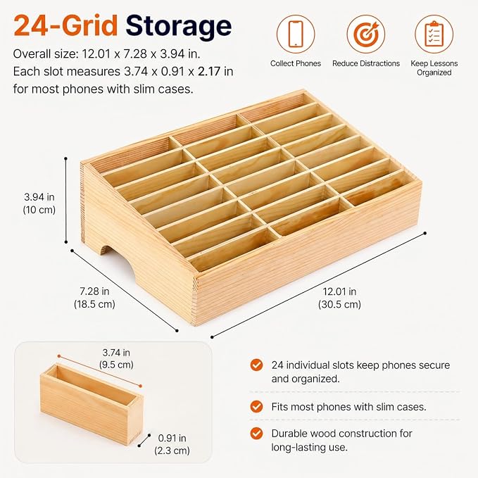XICHENGSHIDAI 24-Grid Classroom Cell Phone Holder, Wooden Mobile Phone Storage Box, Desk Organizer for Teachers, School and Office