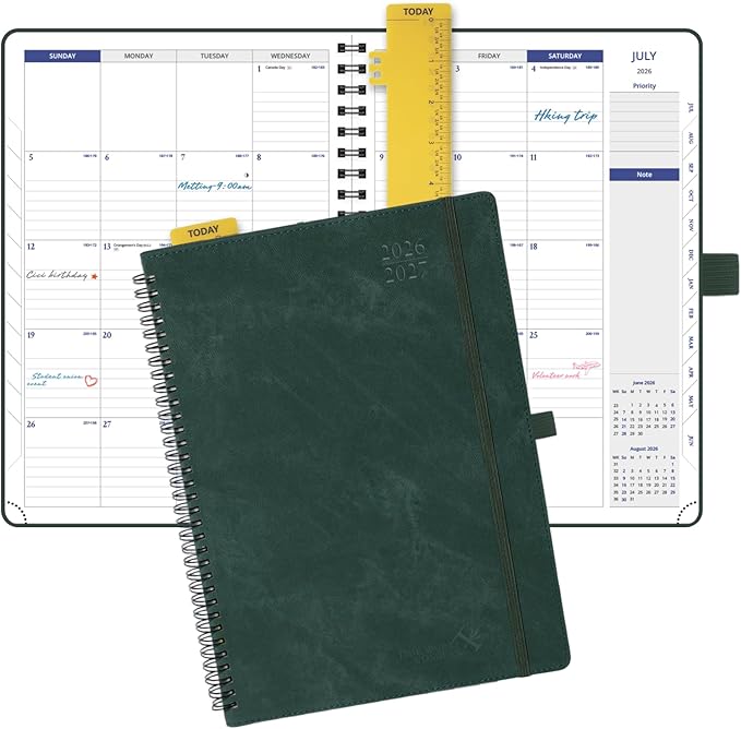 POPRUN 2026-2027 Monthly Planner, Large Size 8.25" x 11.75", from April 2026 to July 2027, 16-Month Soft Cover Calendar Book, Appointment Book with Monthly Tabs, Notes Pages, Wirebound - Black Green