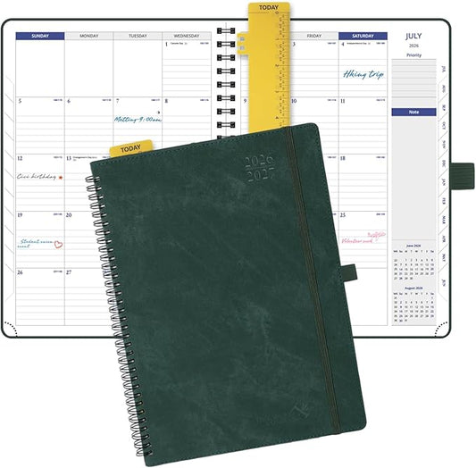 POPRUN 2026-2027 Monthly Planner, Large Size 8.25" x 11.75", from April 2026 to July 2027, 16-Month Soft Cover Calendar Book, Appointment Book with Monthly Tabs, Notes Pages, Wirebound - Black Green