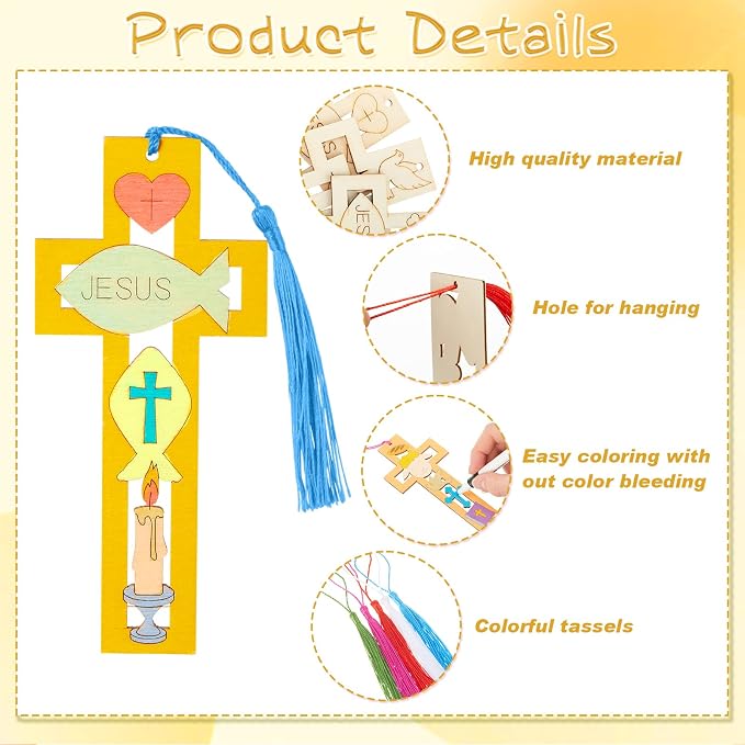 Yexiya 30 Sets DIY Christian Bible Bookmarks for Crafts, Unfinished Wooden Cutouts with 30 Tassels & 12 Color Markers, Bulk Religious Art Supplies for Sunday School, Vbs, Baptism & Church Activities