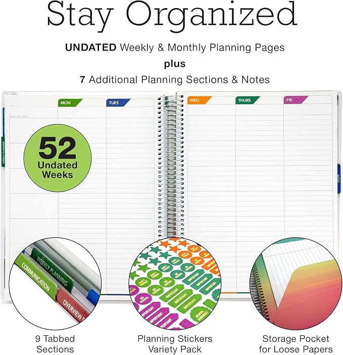 Elan Publishing Company DELUXE Undated Teacher Planner: 8.5x11 Includes 7 Periods, Page Tabs, Bookmark, Planning Stickers, Pocket Folder Daily Weekly Monthly Planner Yearly Agenda (Pink Marble)