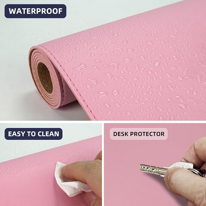 AFIING Leather Desk Pad Protector, Large Desk Mat with Natural Cork & PU Leather, Mouse Pad, Non-Slip, Waterproof Desk Writing Pad for Office and Home, Rose Pink
