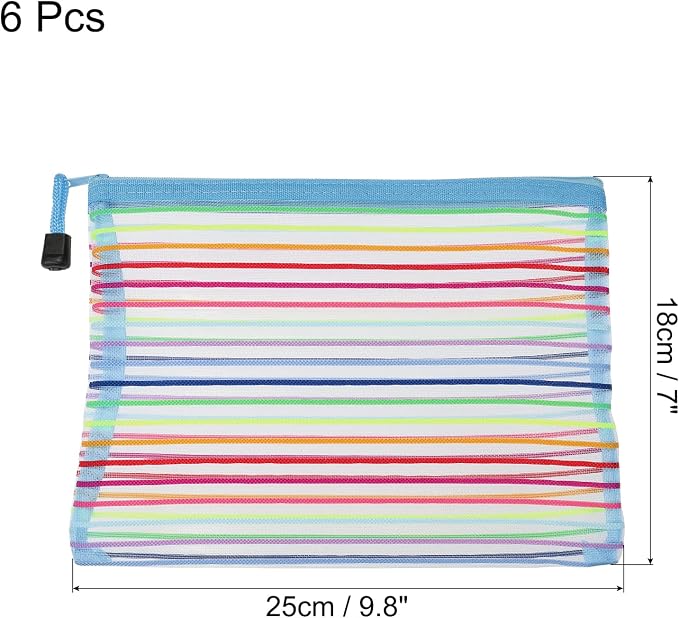MECCANIXITY Mesh Zipper Pouches, A5 Colorful Pencil Case Document File Bags Storage Organizer for Office Supply Travel Accessory, Sky Blue Pack of 6