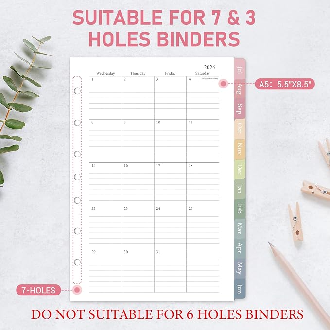 2026-2027 Monthly Planner Refill for A5 7-Ring Binders, 5.5" x 8.5" Medium Size Planner Inserts, Jul. 2026 - Dec. 2027, 18 Monthly Calendars with Colorful Laminated Tabs, 7-Hole Punched
