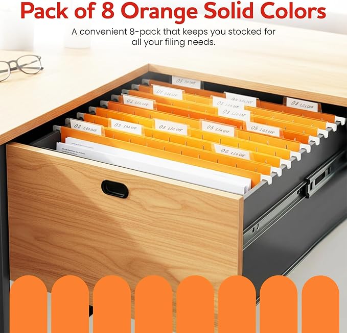 Orange Hanging File Folders – 8 Pack, Letter Size File Organization Folders for Home, Office, School & Filing Cabinets
