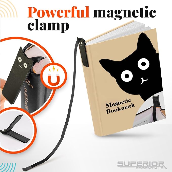 Superior Essentials Magnetic Bookmark-Genuine Leather, Single Long Ribbon Bible Bookmark for Book Lovers-Amplify Your Love for Books with Our Elegant Ribbon Page Marker (Cat, 1PC)