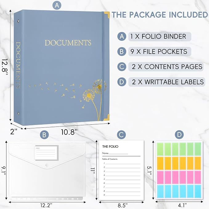 XKDOUS Important Document Organizer Emergency Binder Life Organizer Folio Folders with 9 Pockets Expanding File Storage Holder for Papers, Letters, Cards, Bills, Passports, Photos