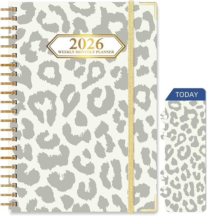 2026 Planner, Jan.2026 - Dec.2026 Planner Weekly and Monthly 6.25"x8.5" with Page Tabs, Calendar Hardcover with Inner Pocket, Elastic Band, Twin-Wire Binding, Bookmark, Gray Leopard