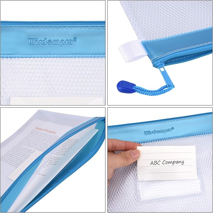 Wisdompro Zipper Pouch, 4 Packs Durable Letter Size Waterproof Mesh File Bag, Document Organizer - Blue