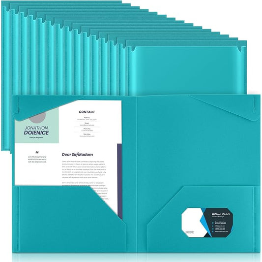 Henoyso 36 Pack Turquoise Plastic Folders with Clear Front Pockets Heavy Duty File Folders with 2 Pockets and Card Slot for Student Communication School Office Presentation Report