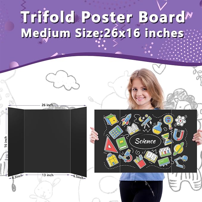 AKONEGE 3 Pack Medium Trifold Poster Board 26" x 16" Tri Fold Poster Boards Black Corrugated Cardboard Project Boards for Presentations, School Projects, Science Fair, Exhibition Event Display