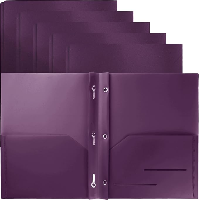Youngever 6 Pack Heavy Duty Plastic Two Pocket Folders with 3 Prongs, Metal Prongs Fastener, Heavy Duty Plastic 2 Pocket Folder (Purple)