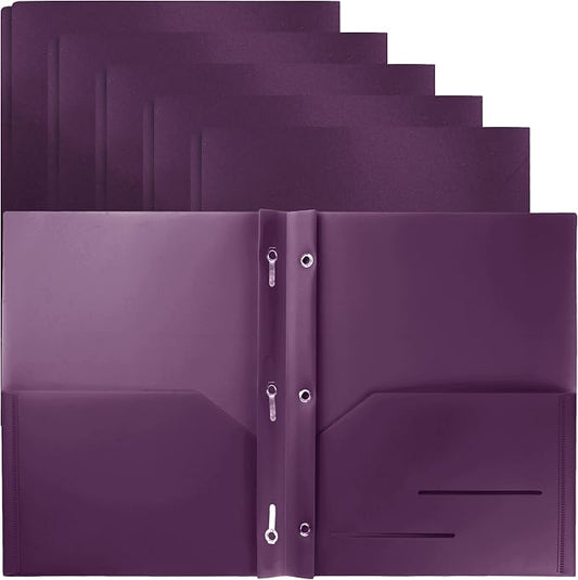 Youngever 6 Pack Heavy Duty Plastic Two Pocket Folders with 3 Prongs, Metal Prongs Fastener, Heavy Duty Plastic 2 Pocket Folder (Purple)