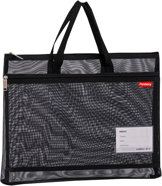 Pendancy Mesh Zipper Pouch A4 Size, Large Double Pocket Lightweight Nylon Transparent File Bag with Handle, 11x13.8 in Foldable Document Storage for Puzzle Project/Cross Stitch/Travel/Office (Black)