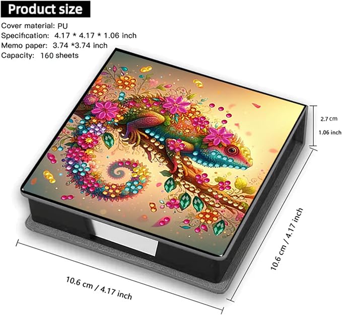 Chameleon Diamond Painting Note Box Memo Pad Holder, Diamond Art Sticky Notes Organizer for Desk, Aesthetic Stationery Storage Case for Office,School Supplies (Chameleon)
