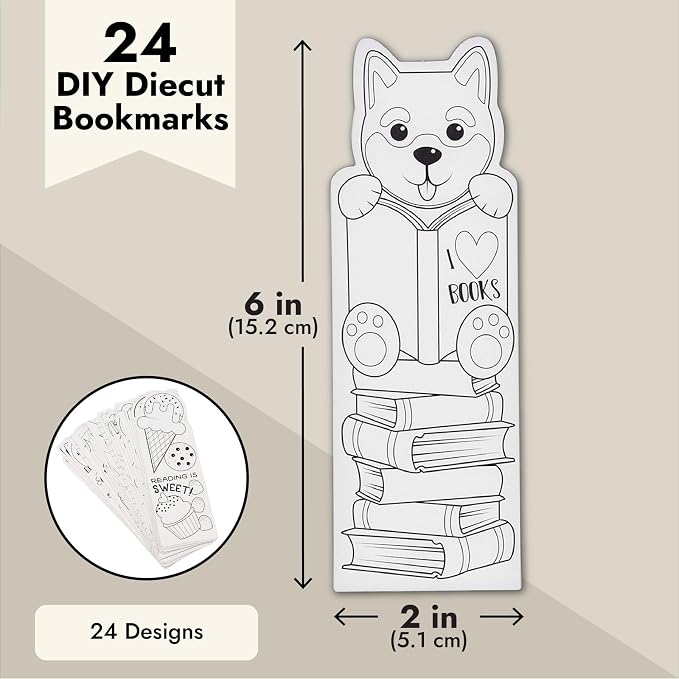 Juvale Bookmarks for Kids - 24-Pack, 2 x 6 in, White Cardstock - DIY Kit & Color Your Own Bookmarks with Bookworm Designs for Classroom Art & Party Favors
