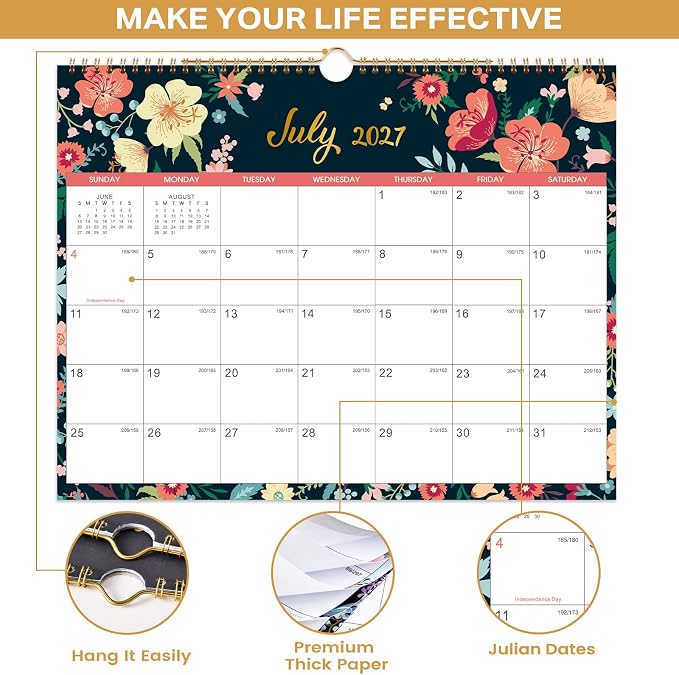 Calendar 2026-2027 - Wall Calendar 2026-2027, Jul. 2026 - Dec. 2027, 15" x 11.5", 18 Monthly Wall Calendars, Twin-Wire Binding + Hanging Hook + Thick Paper + Julian Dates - Floral