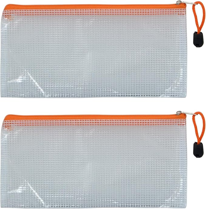 2 PCS Mesh Zipper Pouch Bags, Plastic Water-Resistant File Bags, for Office, School, Board Game, Puzzles, Travel Accessories, and Home Organization (Orange, 9.25 x 4.53 in (Bill))