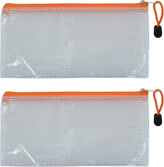 2 PCS Mesh Zipper Pouch Bags, Plastic Water-Resistant File Bags, for Office, School, Board Game, Puzzles, Travel Accessories, and Home Organization (Orange, 9.25 x 4.53 in (Bill))