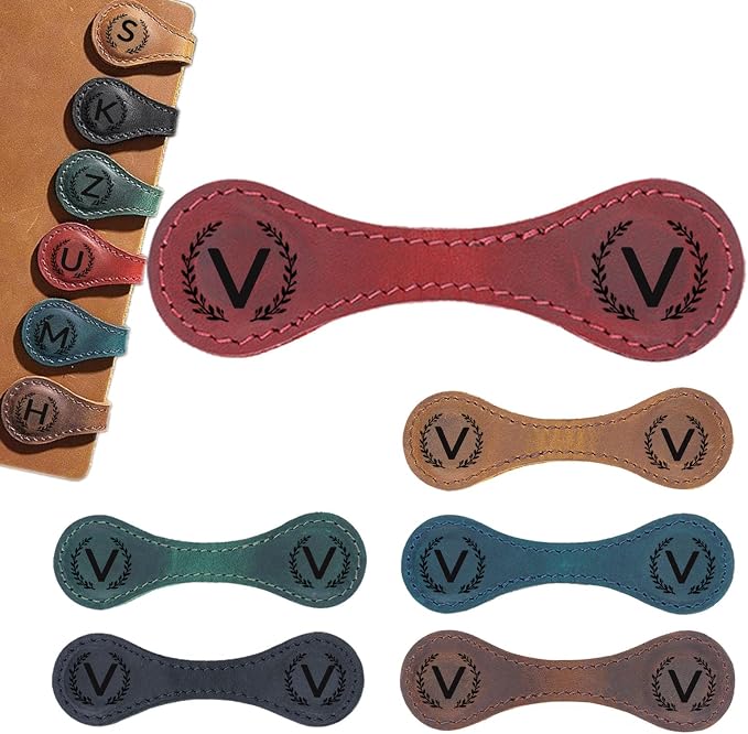 Magnetic Leather Bookmark with 26 Initial for Reading Women,Personalized Magnet Book Marks Gifts for Men,Book Lovers (Red, V)