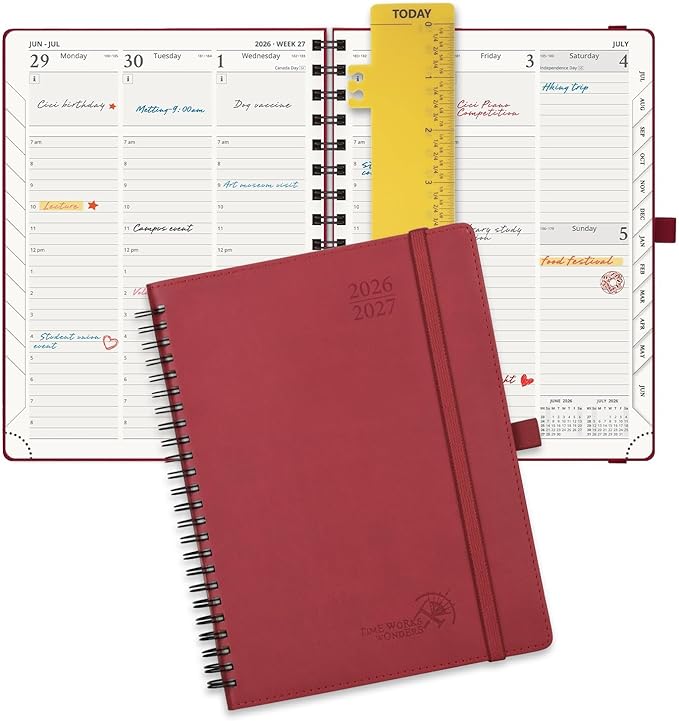 POPRUN Planner 2026-2027 (Medium - 6.5'' x 8.5'') Academic Weekly Calendar (July 2026 - June 2027) with Hourly Time Slots, Monthly Tabs, 100GSM Thick Papers, Spiral Leather Cover - Burgundy