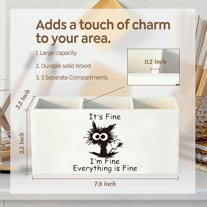 Funny Black Cat Pen Pencil Holder, Black Cat Mom Lovers Gifts for Women Wood Desk Organizer and Accessories, It's Fine Everything Is Fine Funny Makeup Brush Holder Organizer for Bathroom Vanity