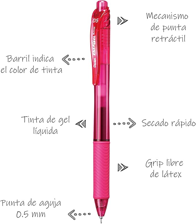 Pentel EnerGel-X Retractable Liquid Gel Pen (0.5mm) Needle Tip, Fine Line, Pink Ink, Box of 12 (BLN105-P)