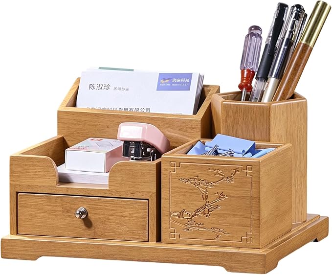 Bamboo Desk Organizer with Drawer, Pen Holder & Business Card Slot, Multi-Compartment Storage Caddy for Office & Home Office, Ideal for Pens, Sticky Notes, Clips, (Bamboo natural)