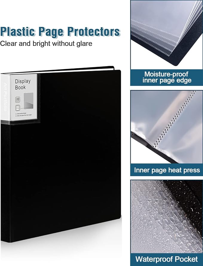 Folder with Plastic Sleeves 4 Pack 9"x12" Black Portfolio Folder for Artwork Display Book 30 Pockets 60 Pages Capacity