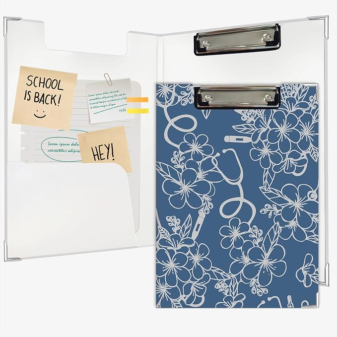 Lacama Nurse Clipboard with Storage for Office Classroom Desk, Blue Nurse Gift, Nursing School Office Supplies, Flower Stethoscope Project Folders with Metal Clip for Nurses Women, 12.4x9.25
