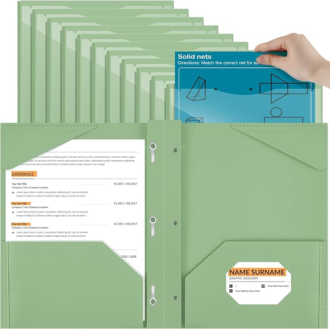 Henoyso 18 Pcs Plastic Folder with Clear Front Pocket and 3 Prong Plastic Folders with Card Slot Pocket Folders with Prongs for School Office (Sage Green)