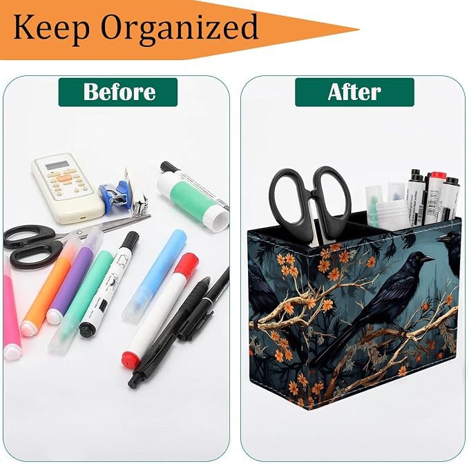 Pen Holder for Desk, PU Leather Multifunctional Desktop Storage Box and Anti-Slip Mouse Pad Set, Makeup Brush Holder Pen Organizer for Office and Home - Branch Crow