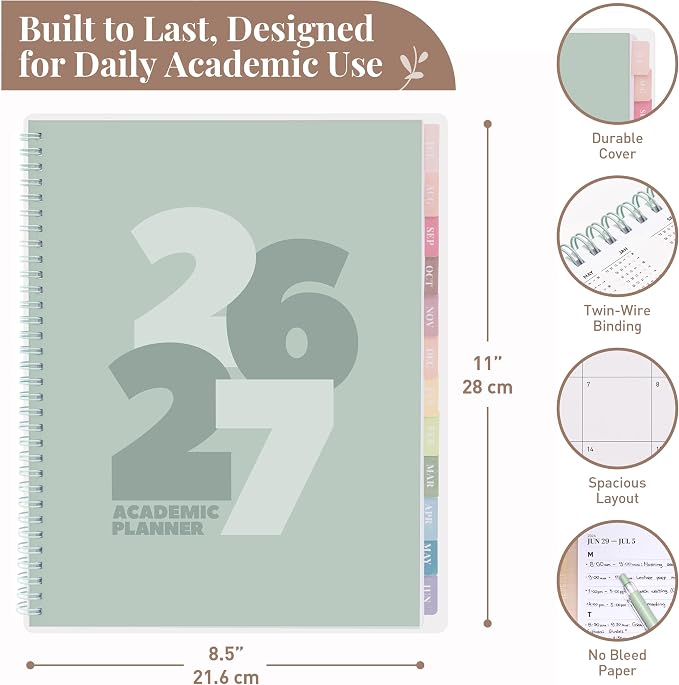 Rileys Academic Planner 2026-2027, Daily, Weekly & Monthly Planner, July 2026 - June 2027, Student Notes Pages, Twin-Wire Binding, Weekly Agenda for School & Work (8.5 x 11-Inches, Chunky, Green)