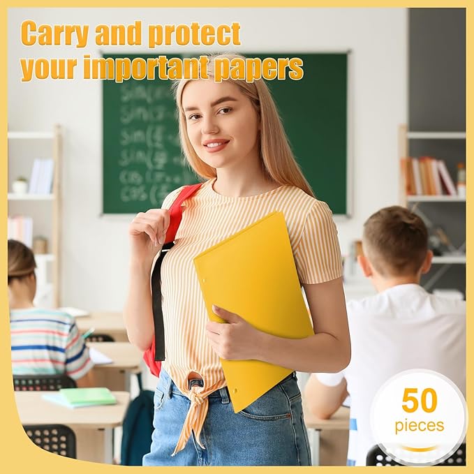 Yeaqee 50 Pcs Plastic Folders with Pockets Bulk 3 Hole Punched 2 Pocket File Folders for 3 Ring Binder Divider Folder for Notebooks, Durable Poly for Office Home (Yellow)