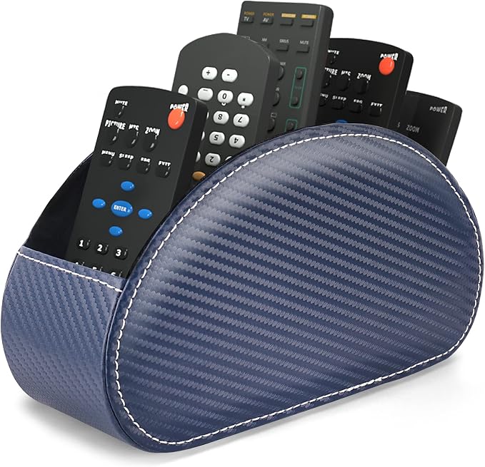 Remote Control Holder, PU Leather Remote Caddy Desktop Organizer with 5 Spacious Compartments for TV Remotes/Media Controllers/Office Supplies (1-Carbon Blue