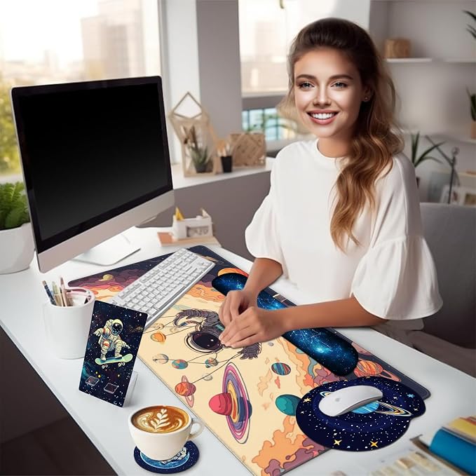 AQQA 5-in-1 Large Gaming Mouse Pad, Mousepad with Wrist Support Set- Ergonomic Gaming Desktop Mouse Pad Wrist Rest - Cup Coaster, Keyboard Mouse Mat, Desk Pad with Stitched Edges,Universe