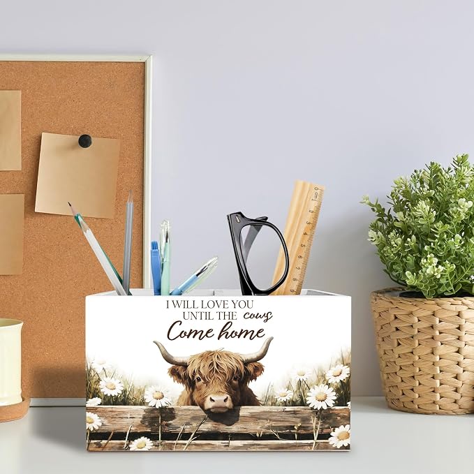 Farmhouse Daisy Highland Cow Pen Holder for Desk, Highland Cow Gifts Pencil Organizer, Rustic Floral Heifer Wooden Box Sign Desk Decor for Kids Girls Room Nursery Decoration