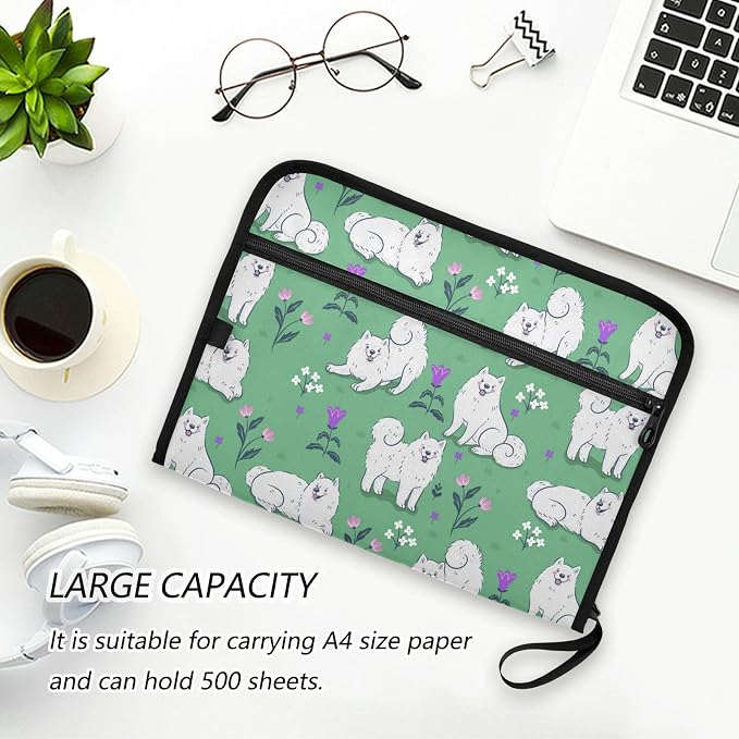 13 Pockets Expanding File Folder Samoyed Dogs on A Green Meadow with Sticky Labels Accordion File Folder Document Organizer Letter Size A4 Papers Expandable File Keeper