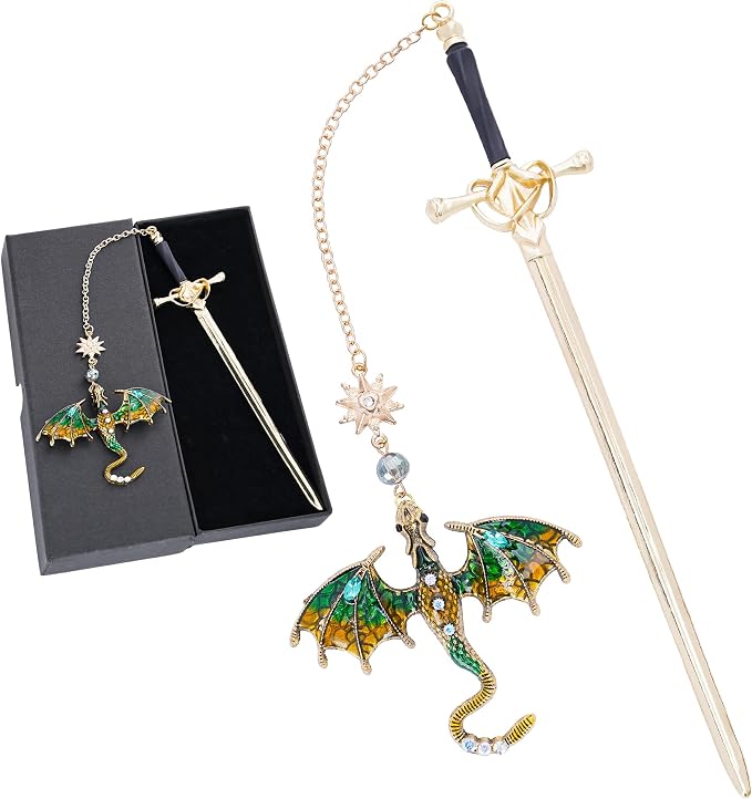 Fantasy Dragon Sward Bookmark - Cool Fourth Wing Page Marker Unique Personalized Tassel Metal Pendant Antique Gold Green Bookmarks Reading Gift Men Birthday Teacher Friend Thank Christmas