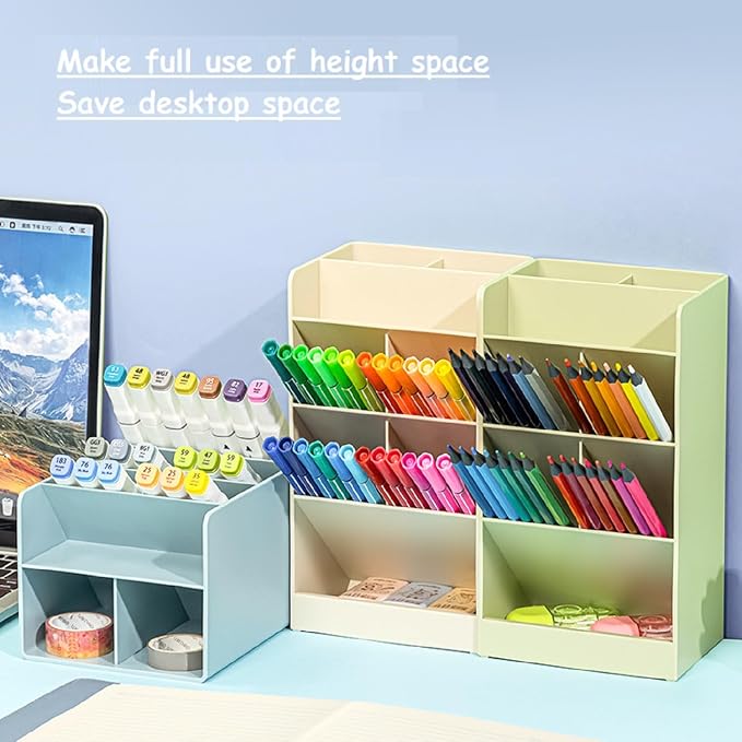 Tissting Slanted Desk Organizer, 7 Compartments Pen Holder, Green Stationery Storage Stand for Office School - Space Saving Desktop Organizer with Multiple Compartments for Pens Pencils Markers