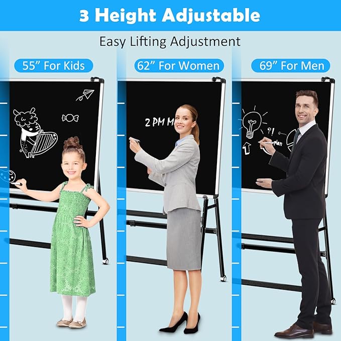 Magnetic Double-Sided Rolling Dry Erase Blackboard with Stand Height & Width Adjustable, A-Frame Foldable Stand Black Board on Wheels, 48 x 36 Mobile Standing Whiteboard(Black)