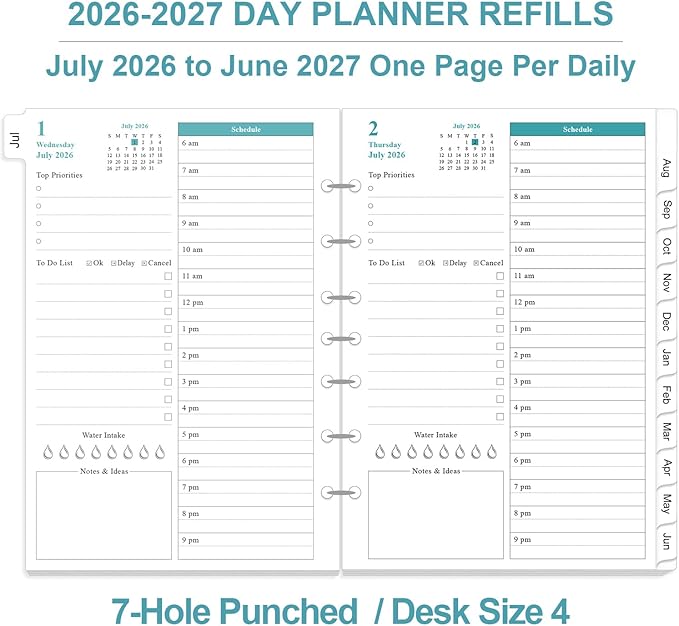 2026-2027 Planner Refills - One Page Per Day Daily ＆ Monthly Planner, July 2026-June 2027, 7-Hole Punched，Prioritized, To-Do List, Notes, Appointment Schedule, Desk Size 4, 5.8" x 8.3"