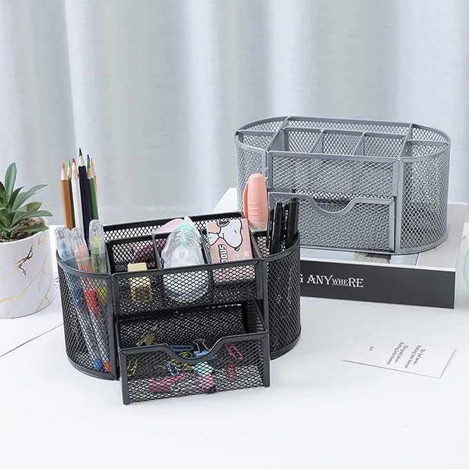 Desk Organizer Mesh Desktop Office Supplies Multi-functional Caddy Pen Holder Stationery with 8 Compartments and 1 Drawer for Office, Home, School, Classroom (Black)