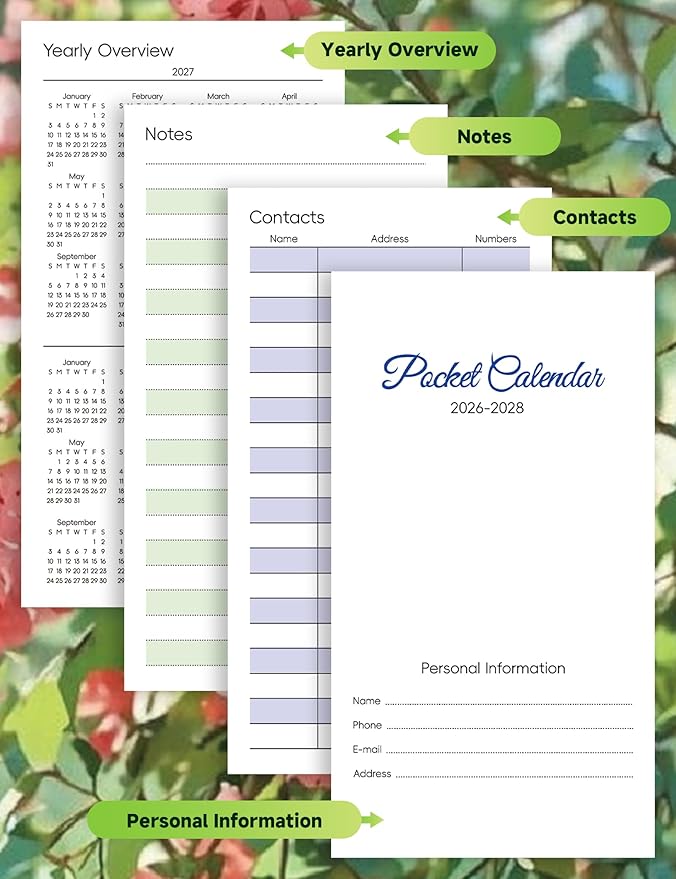 Pocket Calendar 2026-2028 Animal Series, Monthly Planner Jan 2026 to Jul 2028 (3.7" x 6.7") Perfect Purse Calendar, Pocket Agenda with Protective Plastic Sleeve- Blossom Cat