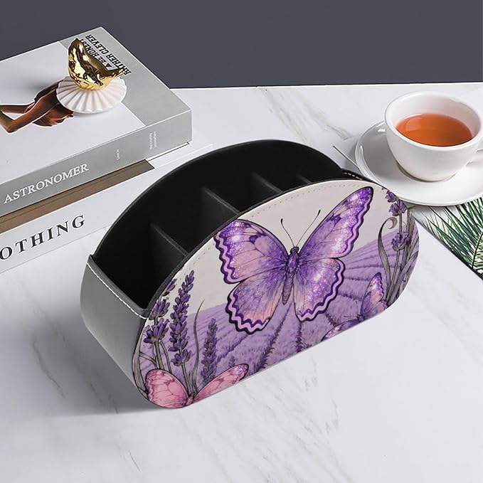 Butterfly Lavender Spike TV Remote Control Holder with 5 Compartments PU Leather Storage Container Caddy Desktop Organizer for Media Player Makeup Brush Pencil Glasses Office Supplies