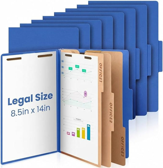 AmazingSpark 18 Pcs 3 Dividers Legal Size Classification Folders Bulk Pressboard File Folder with Expansion 2 Prongs Fastener Heavy Duty Office File Organizer for School Hospitals Home (Dark Blue)