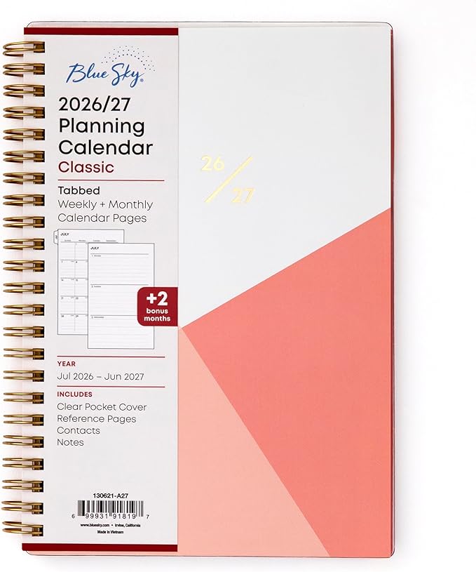 Blue Sky 2026-2027 Weekly and Monthly Academic Year Planner Calendar, July 2026 - June 2027, 5" x 8", Clear Pocket Cover, Wirebound, Laminated Tabs, Cali Pink