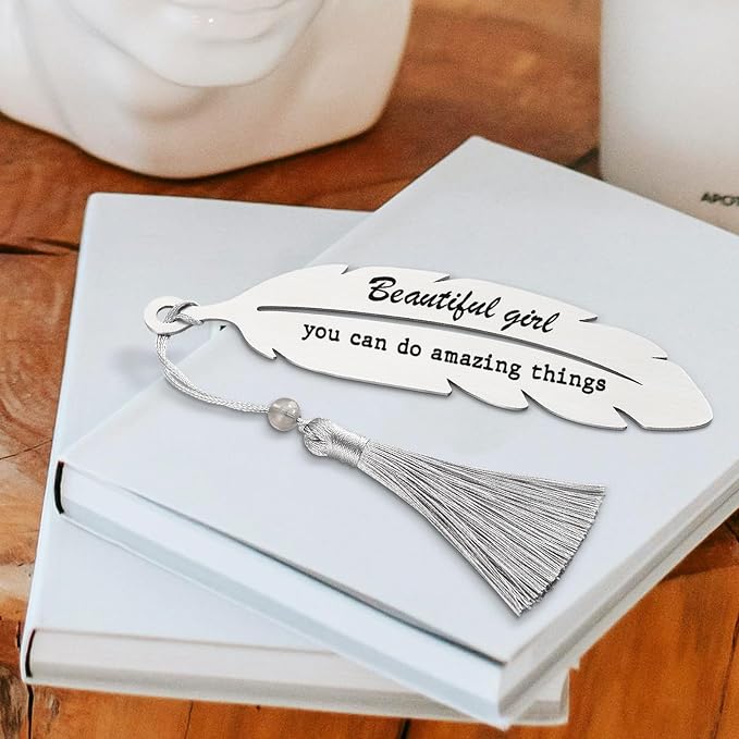 Beautiful Girl You Can Do Amazing Things, Motivational Bookmark Gifts for Grils Daughter, Amazing Gifts for Teen Girls, Reading Gifts, Positive Gift for Sister, Metal Feather Bookmark VBK214, Silver