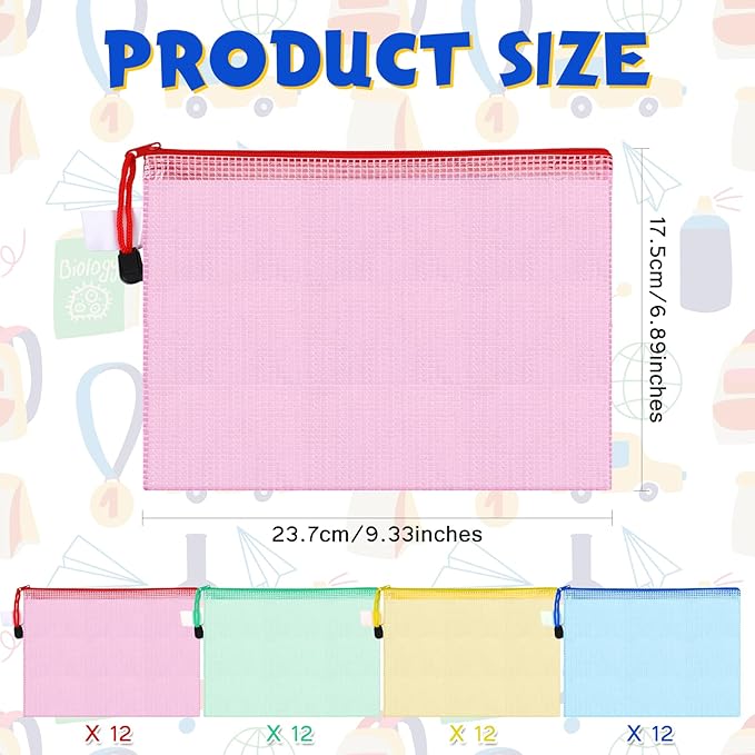 Roowest 48 Pcs A5 Mesh Zipper Pouch Plastic Zipper Pouch Clear Pencil Waterproof Bag with Multipurpose Mesh Storage Bag for School Office(Blue, Red, Green, Yellow)